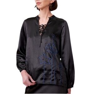 NWT Lingua Franca Embroidered Hudson 100% Silk Long Sleeve Popover Black Size S